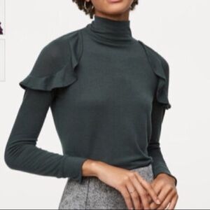 Ann Taylor LOFT Forest Green Ruffle Shoulder Mock Neck Top Sz XL NWT